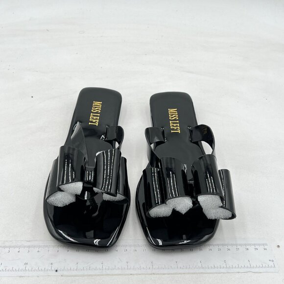 Miss left Black Open Square Toe Flip Flops Double Bowknots Slip On Thong Sandals - Picture 3 of 8